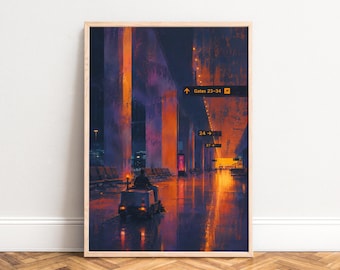 Cyberpunk Airport Poster, Neon Sci-Fi Wall Art, Purple Orange, Living Room, Office, Gamer Gift A1/A2/A3/A4