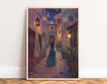 Morocco Poster, Oriental Alley Art, Blue Beige, Living Room, Office, Travel Gift A1/A2/A3/A4
