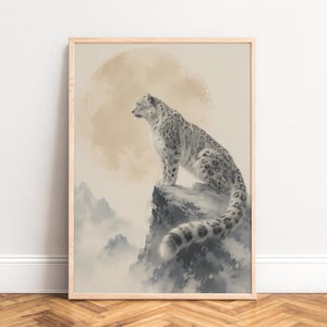 Snow Leopard Poster, Watercolor Wildlife Art, Beige Gray, Living Room Wall Art, Animal Gift A1/A2/A3/A4