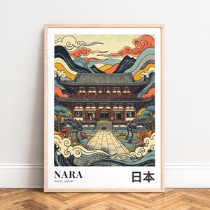 Travel Poster Nara temple illustration - woodblock graphic, muted warm palette, UNFRAMED