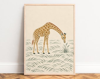 May include: A framed wall art print featuring a giraffe with a brown and tan patterned coat standing in a field of stylized dark green grass. The giraffe is bowing its head to graze on a small patch of vegetation against a cream background.