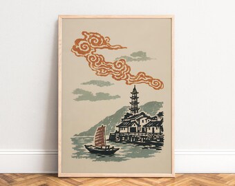 Japan Travel Poster, Vintage Ukiyo-e Style, Beige Green, Living Room Wall Art, Gift for Japan Fans A3 A4