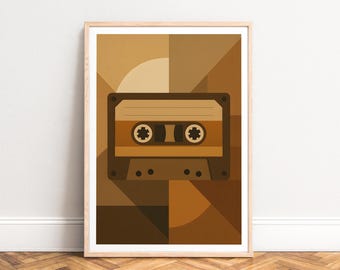 Cassette tape poster - retro geometric music print, warm brown tones, mid-century minimalist wall art, UNFRAMED
