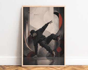 Breakdance Poster, Vintage Art Deco Wall Art, Black Red, Living Room Office Decor, Gift for Dancers A1/A2/A3/A4