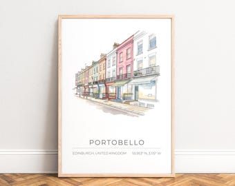 Portobello Edinburgh travel poster, pastel row houses watercolor sketch, line drawing city illustration for living room home decor, UNFRAMED