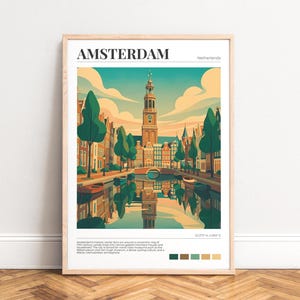 Amsterdam poster - Kunstprint van de grachten met klokkentoren, boogbrug en weerspiegelingen, turquoise zonsondergang, woonkamerdecoratie, ONGEKADERD
