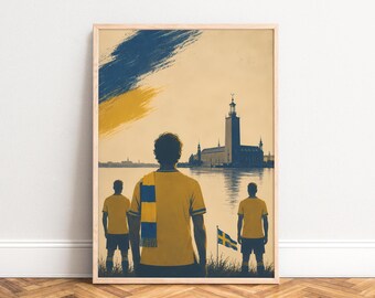 Malmö Poster, Retro City Wall Art, Yellow Blue, Living Room Office, Sweden Gift A1 A2 A3 A4