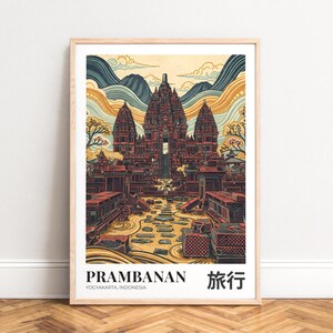 Reiseposter Prambanan - Tempel-Illustration Terrakotta Türkis ruhige Atmosphäre, UNGERAHMT