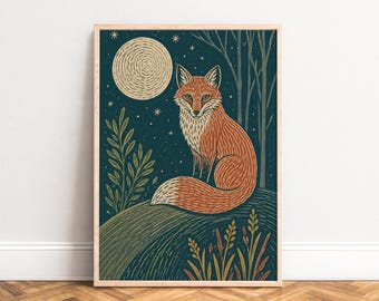 Fox Poster, Vintage Animal Wall Art, Deep Blue, Living Room, Office, Nature Lover Gift A1/A2/A3/A4