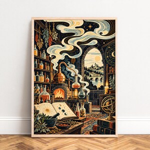 May include: A framed wall art print depicting an alchemist's laboratory with shelves of glass bottles, a copper still over a fire, an open book with celestial diagrams, a mortar and pestle, and a view of a distant castle through a stone archway.
