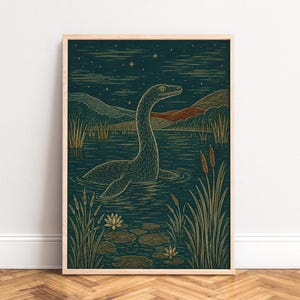 May include: A framed art print featuring a stylized illustration of a long-necked creature swimming in a dark teal lake. The scene includes golden cattails, water lilies, rolling hills in the background, and a starry night sky with thin lines.