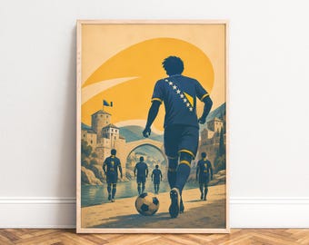 Bosnia Football Poster, Retro Sports Wall Art, Blue Gold, Living Room, Office, Fan Gift A1/A2/A3/A4