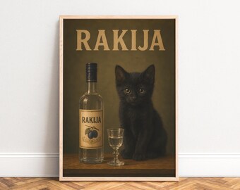 Rakija Poster, Vintage Cat Wall Art, Dark Gold, Living Room, Kitchen, Gift for Cat Lovers A1 A2 A3 A4