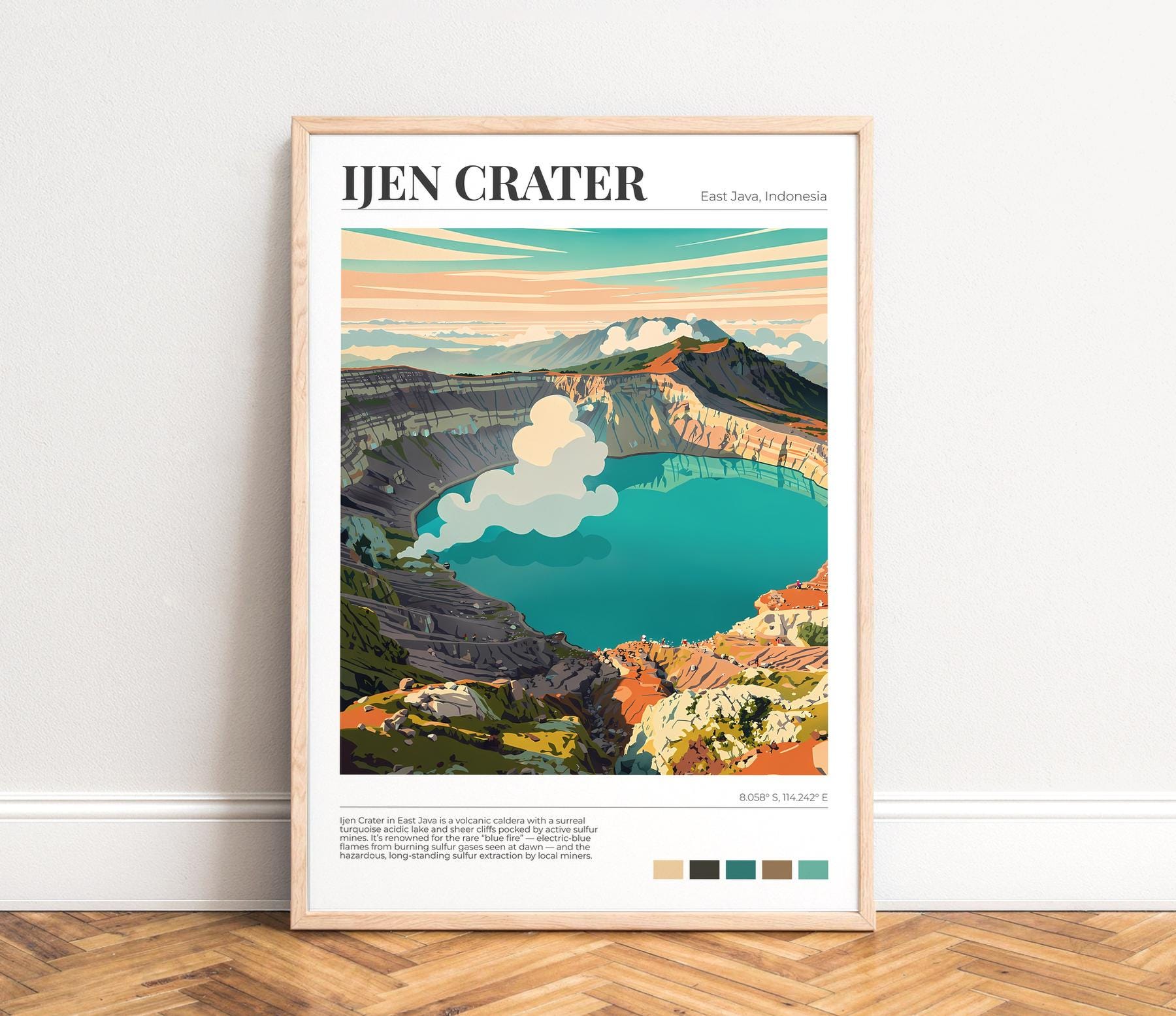Poster Ijen Crater - Mid-century Travel Art, Turquoise Lake
