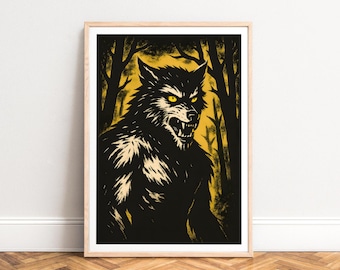 Poster Werewolf Art Print, Gothic, Ominous, Black & Yellow, UNFRAMED