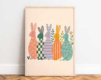 Bunny Poster, Retro Nursery Wall Art, Pastel Colors, Kids Room and Playroom Decor, Gift for Kids A1/A2/A3/A4