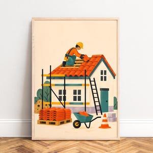 Könnte beinhalten: Ein gerahmter Kunstdruck, der einen Bauarbeiter mit gelbem Schutzhelm und orangefarbenem Hemd zeigt, der rote Dachziegel auf einem Haus verlegt. Die Szene umfasst ein schwarzes Gerüst, eine Leiter, eine Schubkarre, eine Palette und einen Pylon.
