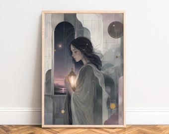 Mystical Woman Poster, Surreal Art Nouveau Wall Art, Grey Lilac, Living Room Bedroom, Art Lover Gift A1/A2/A3/A4