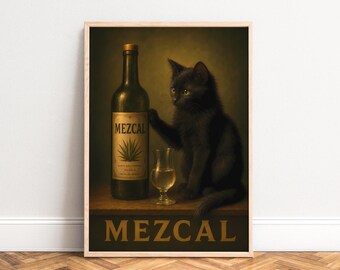 Mezcal Poster, Vintage Cat Wall Art, Dark Gold, Living Room Bar Decor, Gift for Tequila Fans 50x70