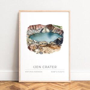 Affiche du cratère d'Ijen - Impression aquarelle de voyage, lac volcanique turquoise, typographie minimaliste, SANS CADRE