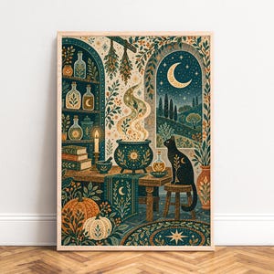 Peut inclure: Une impression d'art mural encadrée représentant une illustration bleu sarcelle et orange d'un chat noir assis sur un tabouret près d'un chaudron fumant. La scène inclut des étagères avec des flacons, une bougie, des livres, des citrouilles et une fenêtre.