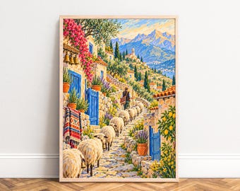 Shepherd Village Poster, Mediterranean Landscape, Blue Gold, Living Room Wall Art, Gift for Travelers