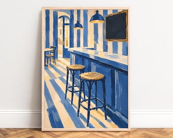 May include: A framed art print depicting a cafe interior with blue and white vertical striped walls, a long blue bar counter, two wooden bar stools with round seats, two blue pendant lights, and a blank rectangular chalkboard on the wall.