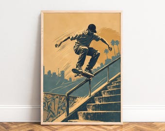 Skateboard Poster, Vintage Sport Wall Art, Ochre Blue, Living Room Office, Gift for Skaters A1/A2/A3/A4