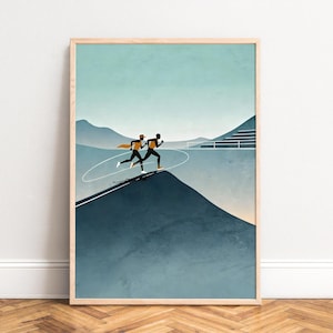 Poster Laufende Silhouetten, Minimalistisch, Türkis-Blau Verlauf, Sportlich motivierend, Stadion Landschaft Kunstdruck, A1/A2/A3/A4