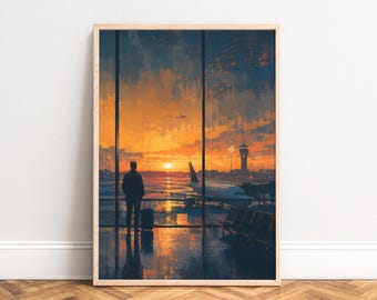 Airport Poster, Vintage Sunset Wall Art, Orange Blue, Living Room Office, Travel Gift 50x70