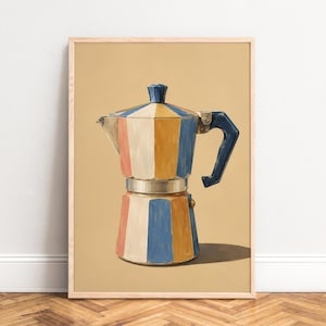 May include: A vertical framed art print featuring a painted illustration of a moka pot. The coffee maker has a striped pattern in shades of blue, yellow, and cream, with a solid dark blue handle and a silver-toned metal band around the center.