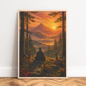 Pode incluir: Impressão artística emoldurada de uma serena cena florestal ao pôr do sol. Uma pessoa medita, rodeada por veados, com uma cordilheira ao fundo. O céu está em tons de laranja e amarelo, criando uma atmosfera pacífica e contemplativa.