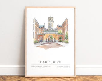Carlsberg Poster - Copenhagen Brewery Gate Watercolor Print, Clocktower & Elephant Illustration for Living Room, Office Gift, UNFRAMED