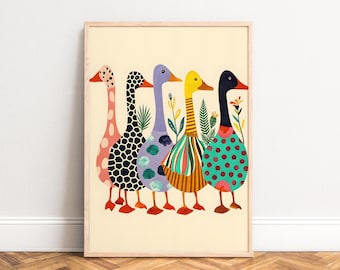 Poster,  colorful boho geese illustration,  playful nursery wall art in pastel retro stripes with botanical accents,  scandi vibe now