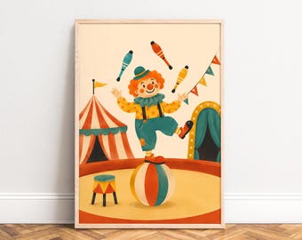 Clown Poster, Circus Wall Art, Pastel Colors, Nursery and Playroom, Gift for Kids A1/A2/A3/A4