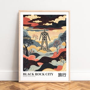 Black Rock City poster - Nevada travel print,   effigy illustration with graphic clouds,   muted red and gold palette