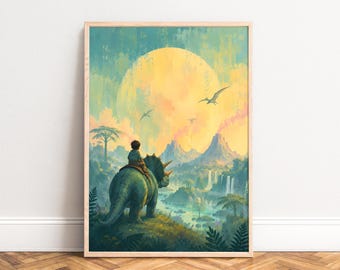 Dinosaur Poster, Fantasy Landscape Wall Art, Teal Yellow, Nursery Living Room Decor, Gift for Kids A1 A2 A3 A4