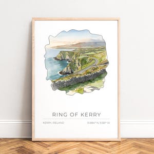 Póster del Anillo de Kerry: ilustración de viaje en acuarela, paisaje costero con acantilados, impresión minimalista de calle, sin marco.