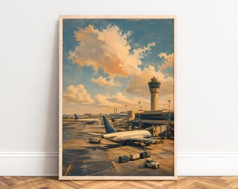 Airport Poster, Vintage Travel Print, Blue Orange, Living Room Wall Art, Gift for Travel Fans A1/A2/A3/A4