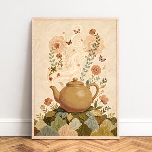Poster illustrazione di teiera rustica floreale farfalla toni caldi della terra casa di campagna stampa rilassante cucina arte murale casa vintage