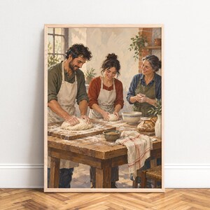 Könnte beinhalten: Ein gerahmter Kunstdruck, der drei Personen in Schürzen zeigt, die Teig auf einem großen Holztisch kneten. Die Szene zeigt eine rustikale Küche mit bemehlten Oberflächen, einer Keramikschüssel, einem Laib Brot und einem karierten Tuch.