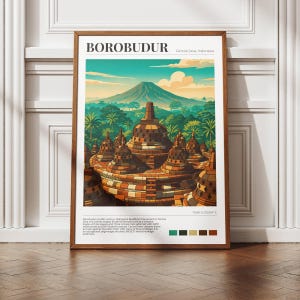 Könnte beinhalten: Ein gerahmter Kunstdruck mit dem Borobudur-Tempel in Zentraljava, Indonesien. Das Kunstwerk zeigt den Tempel mit einem Berg im Hintergrund, Palmen und einem türkis-braunen Farbschema. Der Druck enthält den Text "BOROBUDUR".
