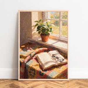 Pôster, cantinho de leitura ensolarado, impressão artística, estilo campestre, vaso de terracota, estampa de colcha, cores quentes, peitoril da janela, cena de livro, calmo, ensolarado, quente