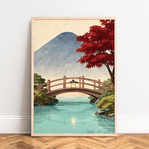 Póster de un puente japonés, arce rojo, agua turquesa, vista a la montaña, linterna de piedra, impresión artística de paisaje zen, decoración de pared tranquila