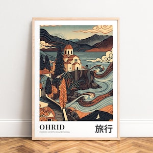 Travel Poster Ohrid - lakeside church illustration, retro teal and orange palette, UNFRAMED