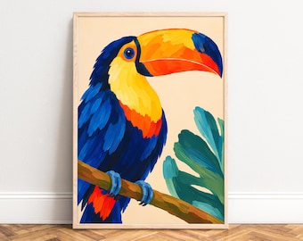 May include: A framed wall art print featuring a vibrant toucan with a large orange and yellow beak, deep blue feathers, and a bright yellow chest. The bird is perched on a brown branch against a light cream background with green leaves.