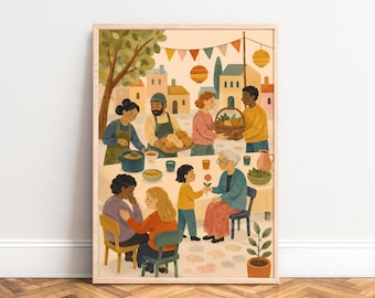 Market Poster, Vintage Village Illustration, Beige Terracotta, Living Room Kitchen, Family Gift A1/A2/A3/A4