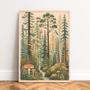 May include: A rectangular wall art print in a light wood frame featuring a detailed forest scene with tall pine trees, ferns, mossy rocks, and various mushrooms. A small bird is perched on a branch, and a butterfly flies near the centre.