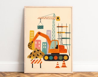 Excavator Poster, Nursery Wall Art, Colorful Construction Print, Playroom Decor, Gift for Kids A1/A2/A3/A4