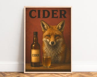 Cider Poster, Vintage Fox Wall Art, Rust Red, Kitchen, Bar, Gift for Animal Lovers 50x70
